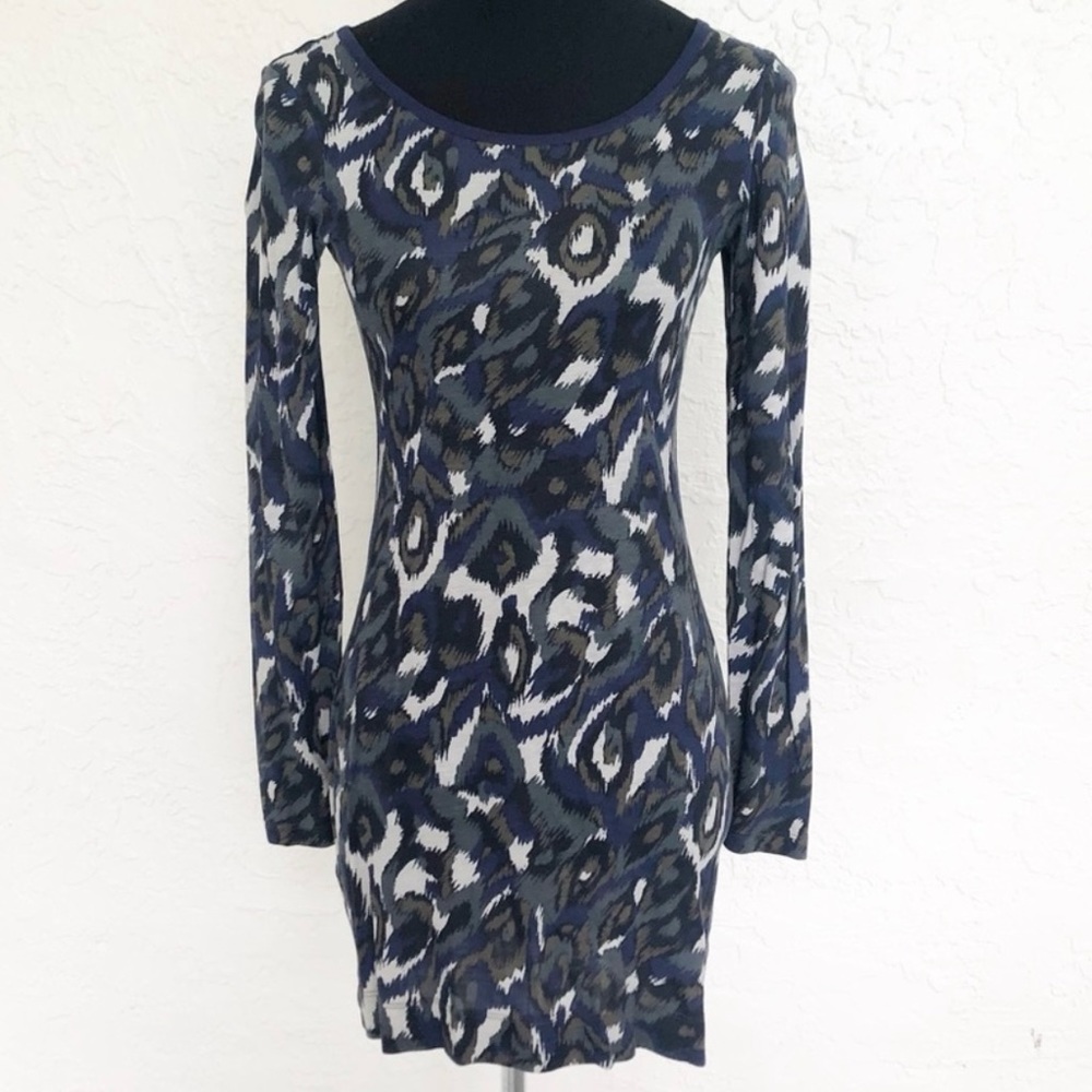 Y2K French Connection Mini Shirt Dress‎ 4 Snow Leopard Black Blue Batwing